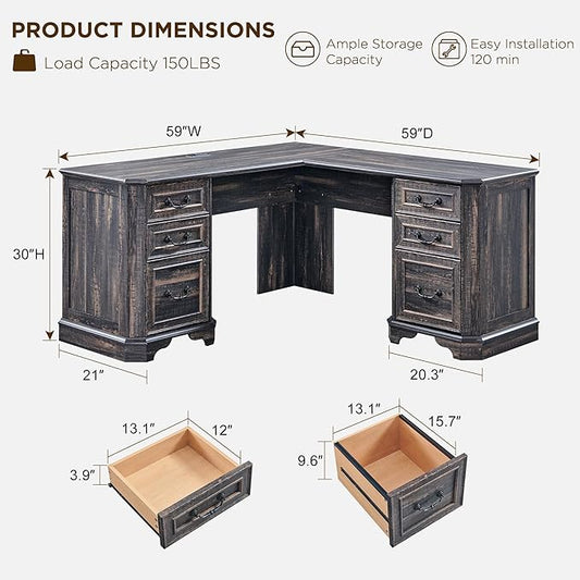 T4TREAM L Shaped Desk with Drawers,59" Farmhouse Wood Home Office Executive Desk,Charging Station,File Drawer, Storage Cabinet,Computer Desk for Work and Study (Dark Rustic Oak)