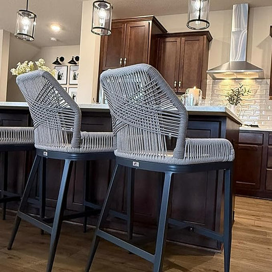 PURPLE LEAF 2 Pieces Bar Stools Patio Modern Rattan Barstools Aluminum Woven Tall Bar Chairs with Cushions for Outdoor Kitchen Island Garden