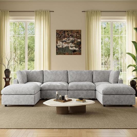WJShome U Shaped Sectional Couch 134 Inch 4-Seater with 2 Ottoman Modern Modular Sofa,Chenille Deep Seat Couches for Living Room, Bedroom and Apartment，Gray