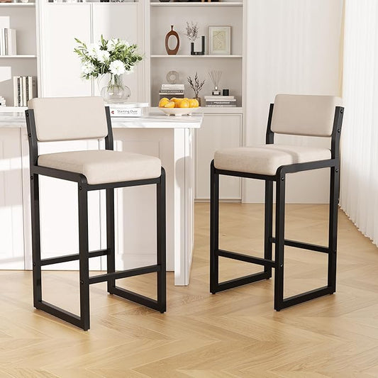 Bar Stools Set of 2, Fabric Counter Height Bar Stools with High Back and Metal Legs, Upholstered Bar Chairs, 26" Modern Barstools for Kitchen Island, Camel