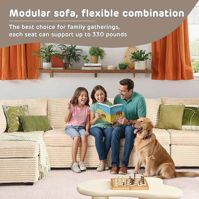 130'' Modern Modular Sectional Sofa with Movable Ottoman,5 Seats Cloud Comfort Corduroy Fluffy Couch,L Shaped Convertible Sofa Couch for Living Room,Beige