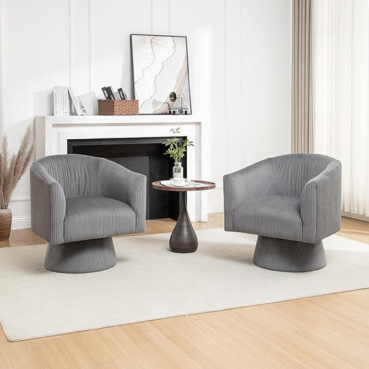 Swivel Accent Chair Set of 2, Modern 360° Swivel Barrel Chair, Corduroy Upholstered Single Sofa for Living Room, Bedroom(Gray)