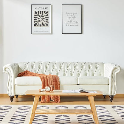 Chesterfield 3 Seater Sofa, Modern Leather Tufted Couch 3 Seater with Rolled Arms and Nailhead Mid-Century Upholstered Couch for Living Room, Bedroom, Apartment and Office, White