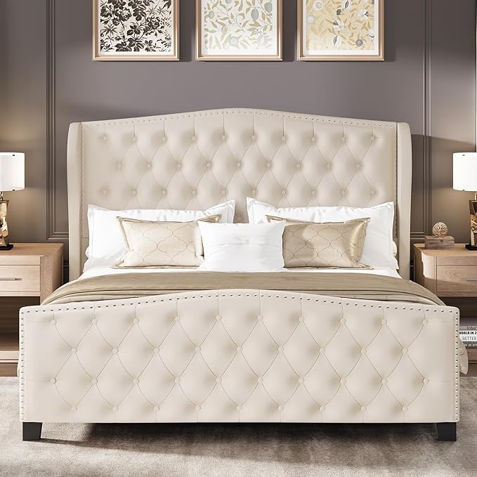 LARMACE Queen Size Bed Frame Velvet Upholstered Platform Bed with Wingback Headboard & Footbaord, Deep Button Tufted Bed Frame with Wood Slats Support, No Box Spring Needed, Beige