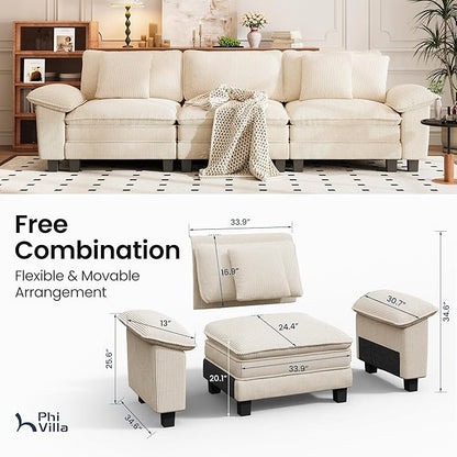 PHI VILLA Modern Modular Couches Sets, 123.6" Cloud Sectional Sofa with Upholstered Deep Seat, 3-Seater Couch for Living Room Small Spaces, Corduroy Fabric, Beige