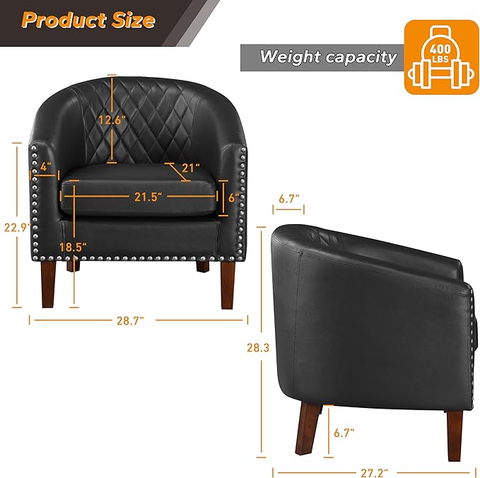 Prilinex Comfy Barrel Accent Chair Set of 2 - Faux Leather Living Room Chair Club Chair with Cushion, Diamond Grid Backrest & Nailhead Trim, Guest Chair for Office, Bedroom & Waiting Room, Black
