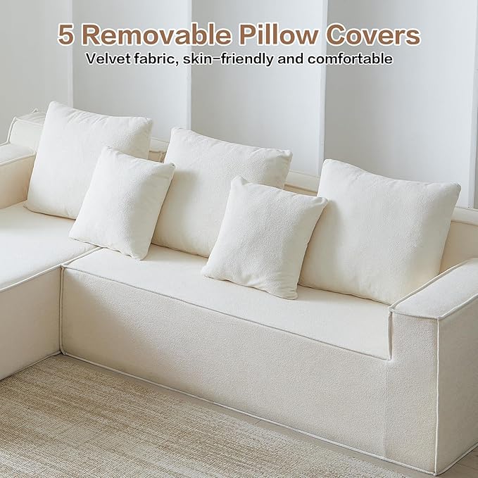 Boneless Couch Sectional, Comfy Memory Foam Sofa in a Box, Modern Cloud Couch with 5 Headrests, Comfy L-Shape Sofa for Living Room (White, Velvet)
