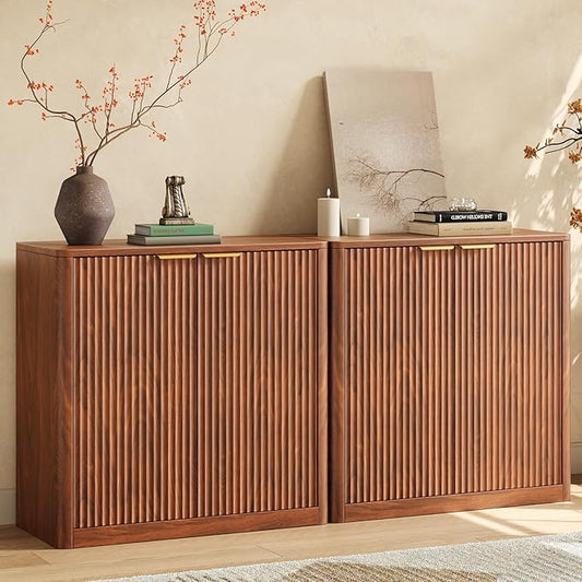 Evermagin 63" Walnut Buffet Cabinet with Storage, Large Sideboard Cabinet, Mid Century Modern Accent Credenza, Fluted Console Table with Doors for Dining Room, Kitchen, and Living Room