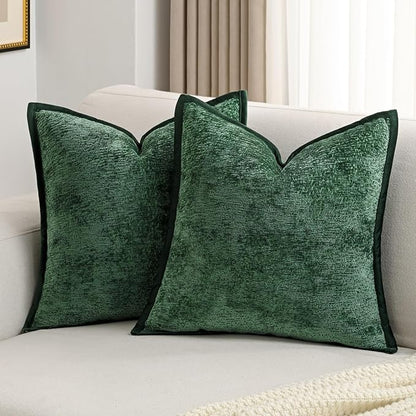 FUTEI Christmas Dark Green Chenille Throw Pillow Covers 18x18 Inch Set of 2,Soft Cozy Bound Edge Design Cushion Case,Home Decor for Couch Bed Living Room