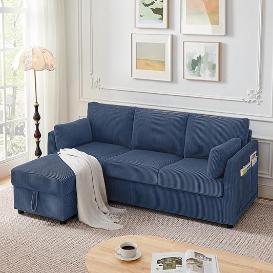 79" L Shaped Couch with Storage Ottoman, 3 Seater Corduroy Sofa with 2 Pillows and Storage Pockets, Small Modern Couches for Living Room, Apartment, Small Spaces, Home Office, Navy Blue
