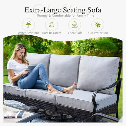 Sophia & William Patio Furniture Set with Fire Pit Table, 5 PCS Metal Outdoor Conversation Set with Fire Pit Table, 2 Sofa Chairs,1 Loveseat, 3-Seater Couch for Outdoor Seating, Backyard, Porch(Grey)