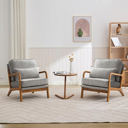 Mid-Century Accent Chair Set of 2,Linen Fabric Lounge Chair with Wide Armrest,Linen Fabric Armchair withLumbar Pillow & Solid Wood Frame for Living Room, Bedroom, Balcony(Light Gray)