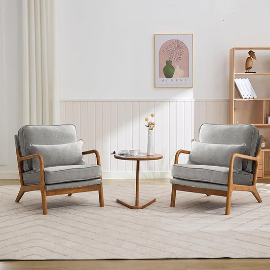 Mid-Century Accent Chair Set of 2,Linen Fabric Lounge Chair with Wide Armrest,Linen Fabric Armchair withLumbar Pillow & Solid Wood Frame for Living Room, Bedroom, Balcony(Light Gray)