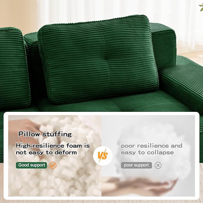 80.3” Green Boneless Couches for Living Room, Modular Sectional Sofa with L-Shape Chaise, 2 Seater Comfy Upholstered Loveseat Deep Seat Corduroy Fabric Cloud Couch No Assembly, Anti-Slip Design