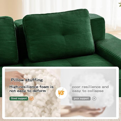 150.4” Green Boneless Couches for Living Room, Modular Sectional Sofa, 4 Seater Comfy Upholstered Deep Seat Corduroy Fabric Cloud Couch No Assembly, Anti-Slip Design