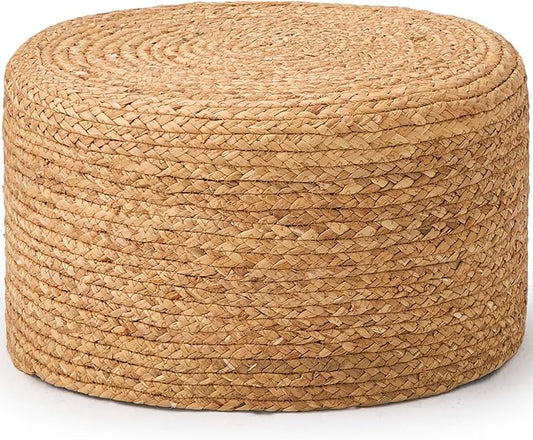 Wimarsbon Round Pouf Ottoman, Natural Hand Knitted Footrest Poof, Rustic Lounge Pouffe, Boho Pous Foot Stool, Accent Table or Seat (Natural Water Hyacinth, 17.7 * 17.7 * 9.84)