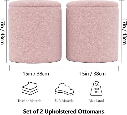 Ottoman Poufs with Storage, Set of 2 Soft Upholstered Vanity Stool,Multifunctional Ottomans Coffee Table Padded Seat Foot Rest for Living（Pink, Pack of 2）