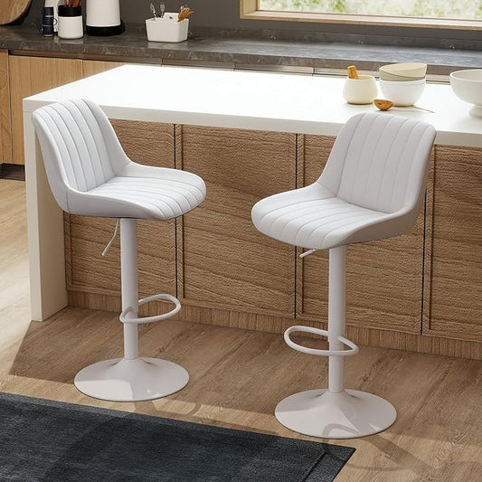 Youhauchair Bar Stools Set of 2, Swivel Counter Height Barstools with Back, Adjustable PU Leather Bar Chairs, Modern Armless Kitchen Island Stool, White