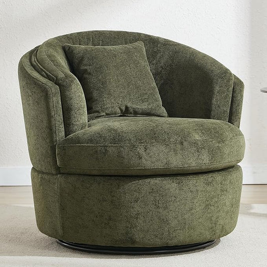 Swivel Accent Chair, 360 Degree Round Swivel Barrel Chair with Pillow, Widened Upholstered Comfy Barrel Armchair for Living Room Bedroom Reading Room, Green