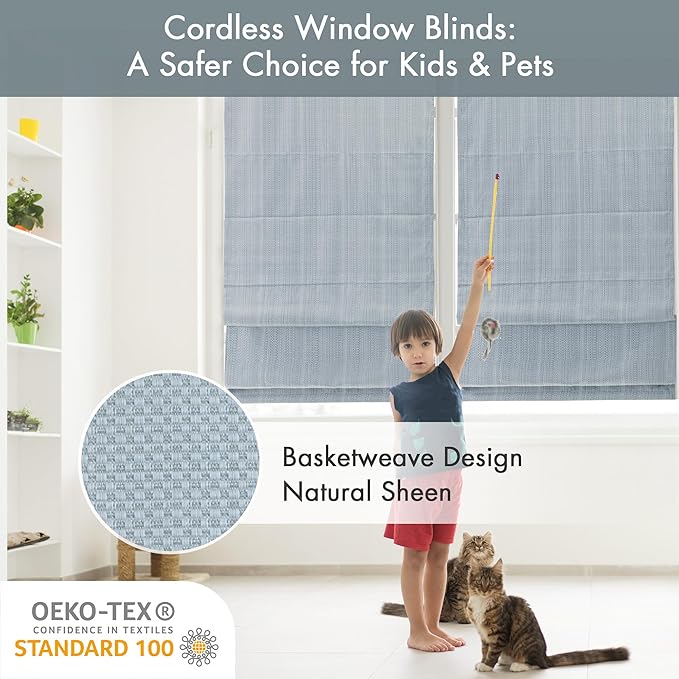 Madison Park Galen Cordless Roman Shade, 31"W x 64"H, Sheen Blue – Room Darkening, Thermal Insulated, Energy Efficient Window Blind with Subtle Sheen Basketweave Fabric for Privacy