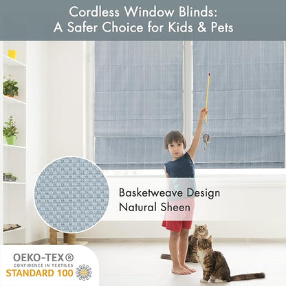 Madison Park Galen Cordless Roman Shade, 23"W x 64"H, Sheen Blue – Room Darkening, Thermal Insulated, Energy Efficient Window Blind with Subtle Sheen Basketweave Fabric for Privacy