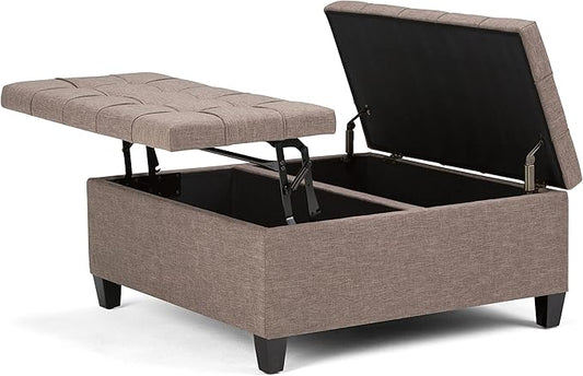 SIMPLIHOME Harrison Coffee Table Storage Ottoman - 36 inch Wide Upholstered Linen Look Fabric Square Lift-Top Ottoman in Fawn Brown, Transitional Ottoman for Living Room with Hidden Storage