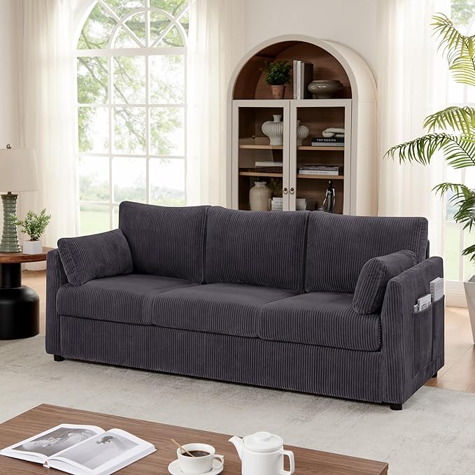 Sofa Set for Living Room Corduroy Couch Sets 3 Seater and Single Chair, Sofas for Apartment and Small Spaces .(Grey, Sofa Set)