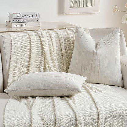FUTEI Cream Chenille Decorative Throw Pillow Covers 22x22 Inch Set of 2,Soft Embossed Striped Textured Cushion Case,Modern Home Decor for Couch Bed Living Room