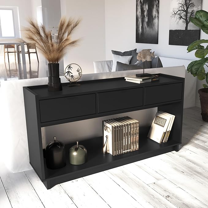 Prepac Black Simply Modern Entryway Table, Narrow Console Table with 3 Drawers, Media Console with Storage, 15.75" D x 60.25" W x 32" H