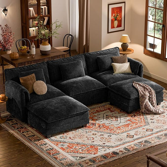 ELUCHANG Oversized 116" Modular Sectional Sofa, Comfy Cloud Couch, U Shaped Deep Seat Sofa Couches for Living Room, 5-Seater Modern Sofa with Movable Ottoman, DIY Combination - Chenille Black