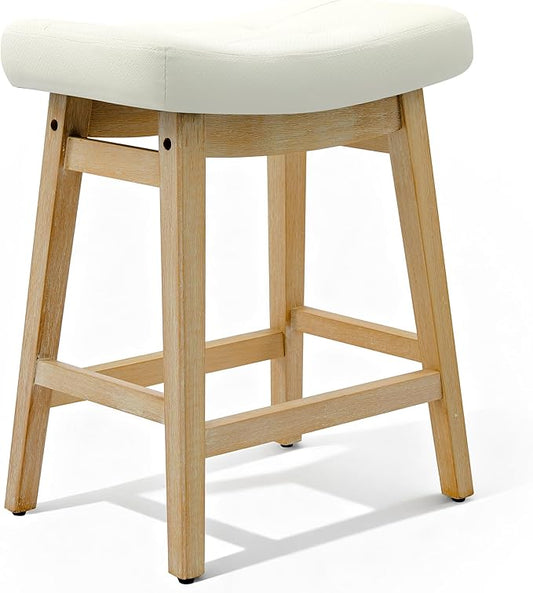 Counter Height Bar Stool for Kitchen Island Modern Barstool with Upholstered Faux Leather Backless Seat and Solid Wood Legs, 24 inch Farmhouse Bar Chair, White