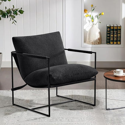 Furniliving Sling Accent Chair with Metal Frame, Comfortable Boucle Fabric Arm Chair, Upholstered Cozy Reading Chair for Living Room, Bedroom, Dressing Room, Home Office, Black
