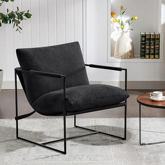 Furniliving Sling Accent Chair with Metal Frame, Comfortable Boucle Fabric Arm Chair, Upholstered Cozy Reading Chair for Living Room, Bedroom, Dressing Room, Home Office, Black
