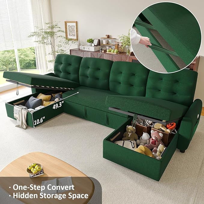 Ucloveria Sleeper Sofa Bed, 112" U Shaped Sectional Sofa Couches for Living Room, Pull Out Couch Bed with Dual Reversible Storage Chaise | Charging Station | Side Pockets | Removable Backrest