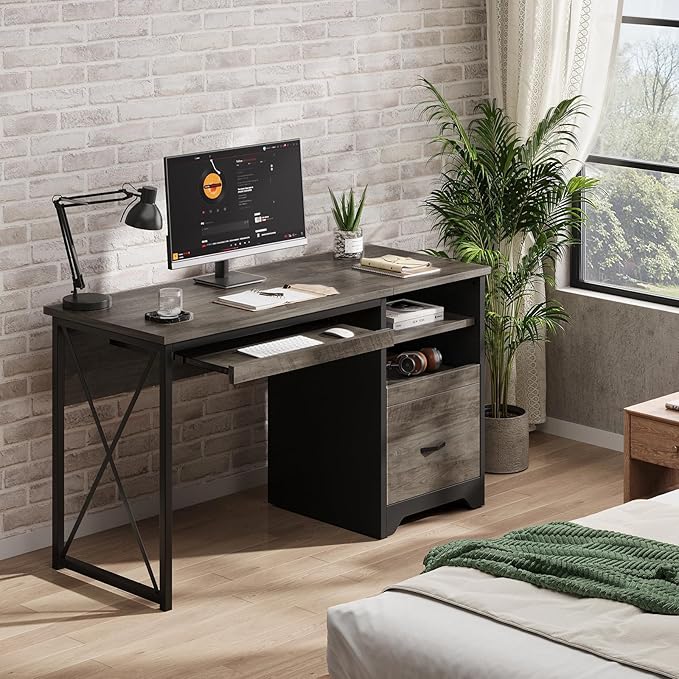 Bestier 47" Office Desk with Drawers, Industrial Computer Desk with Drawer, Reversible Teacher Desk with Storage & Keyboard Tray for Small Space Home Office & Studio, Gray Wash