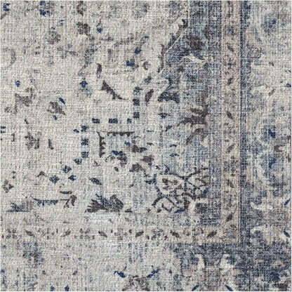 RUGGABLE Washable Vintage Area Rug – Sarrah Blue Quartz 6 ft Round, Stain-Resistant, Non-Slip – Medium Machine Washable Rugs for Living Room, Bedroom, Hallway, Entryway & Office–with Standard Pad