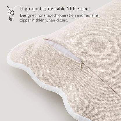 Double Stitch Scalloped Throw Pillow Covers - 100% Cotton Set of 2 Decorative Boho Pillow Covers 18 x 18, Made in India, Square Cushion Case, Modern Home Decor for Couch Sofa Living Room, Oat Milk