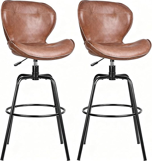 VECELO Swivel Counter Height Bar Stools Set of 2, Faux Leather Upholstered Bar Chairs with Back, Sturdy, Stylish, Easy to Clean, Barstools for Kitchen Island, Brown