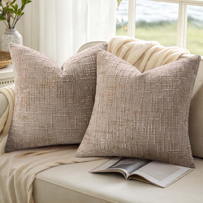 decorUhome Oatmeal Chenille Throw Pillow Covers 26x26 Set of 2 Thick Textured Slubby Couch Pillow Covers Farmhouse Accent Modern Neutral Decorative Pillow Cases for Bed Sofa Living Room