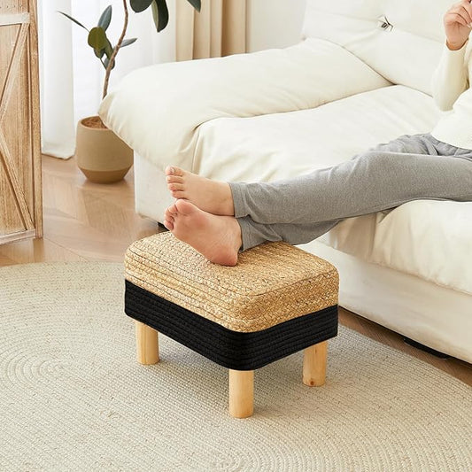 Ottoman Foot Stool Rectangular Footrest Natural Seagrass Footstool with Wooden Legs Hand Weave Multifunctional Modern Dressing Stool, Sofa Side Table for Bedroom for Living Room (Black)