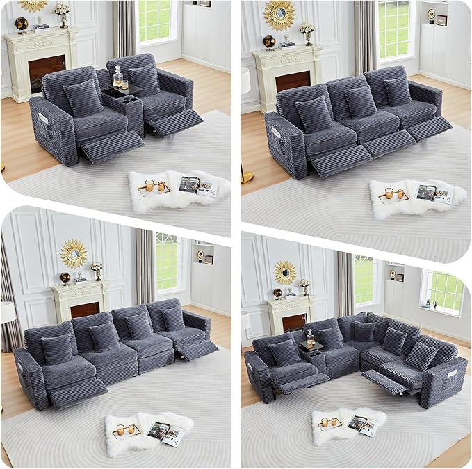 Oversized Corner Modular Sectional Sofa, L Shape Plush Corduroy Fluffy Sectional Couch with Pillows, 5 Seat Modular Sofa with Deep Seat for Living Room-Blue Grey