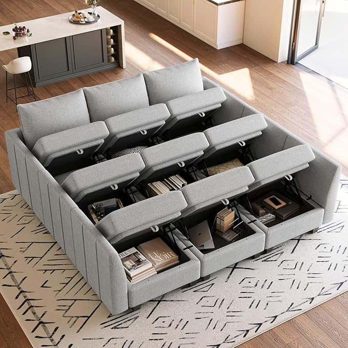 Belffin Large Modular Sectional Sofa Sleeper Sectional Couch with Storage Chenille Sectional Sofa Bed for Living Room, 9 Seats, Light Grey