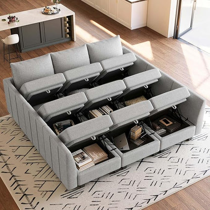 Belffin Large Modular Sectional Sofa Sleeper Sectional Couch with Storage Chenille Sectional Sofa Bed for Living Room, 9 Seats, Light Grey