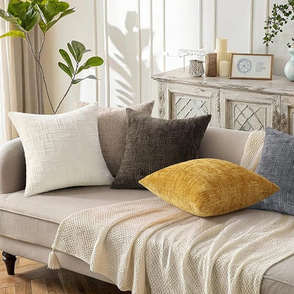 decorUhome Mustard Yellow Chenille Throw Pillow Covers 20x20 Set of 2 Thick Textured Slubby Couch Pillow Covers Farmhouse Accent Modern Neutral Decorative Pillow Cases for Bed Sofa Living Room