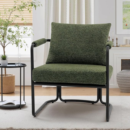 Single Accent Chair for Living Room, Mid Century Modern Upholstered Reading Armchair for Bedroom, Office, with Comfy Chenille Cushion Back & Metal Frame, Green