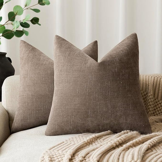 Foindtower Pack of 2 Soft Textured Chenille Throw Decorative Pillow Covers Square Accent Solid Cushion Cover Cozy Farmhouse Pillow Case with Zipper for Couch Sofa Bedroom Living Room 16x16 Inch, Taupe