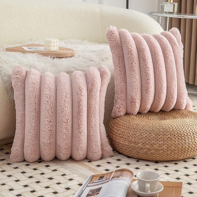Neelvin Pink Faux Fur Cozy Soft Striped Decorative Throw Pillow Covers 16x16 inch Set of 2,Velvet Pillowcase Cushion Case for Sofa Couch
