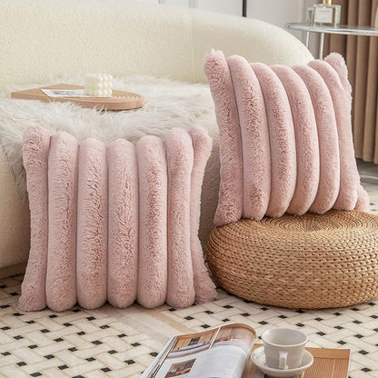 Neelvin Pink Faux Fur Cozy Soft Striped Decorative Throw Pillow Covers 20x20 inch Set of 2,Velvet Pillowcase Cushion Case for Sofa Couch