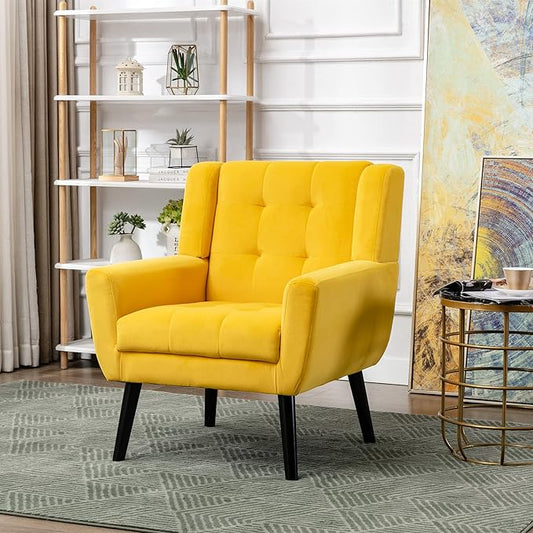 Dolonm Midcentury Modern Accent Chair with Arms, Upholstered Fabric Reading Side Chair Tufted Back Decorative Wingback Chair for Living Room Bedroom (Yellow)