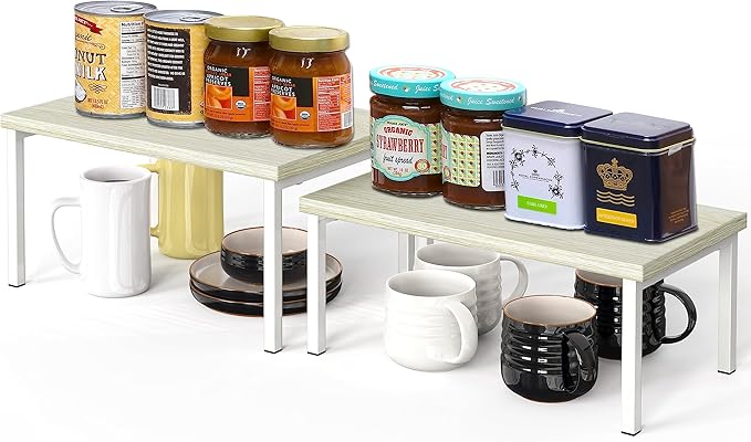 Simple Houseware Wooden Top Expandable Stackable Kitchen Cabinet and Counter Shelf Organizer, Maple